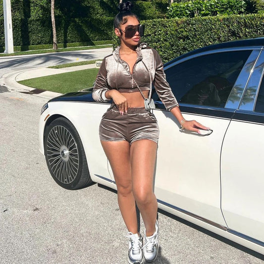 Velour Crop-Top Hoody Short Set