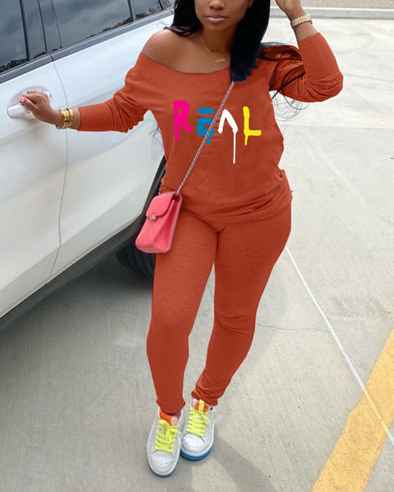 Letter Print Long Sleeve Top & Pants Set