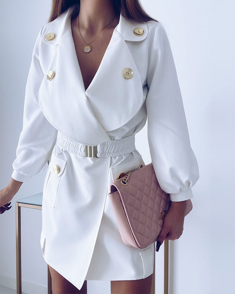 Long Sleeve Button Décor Belted Work Dress