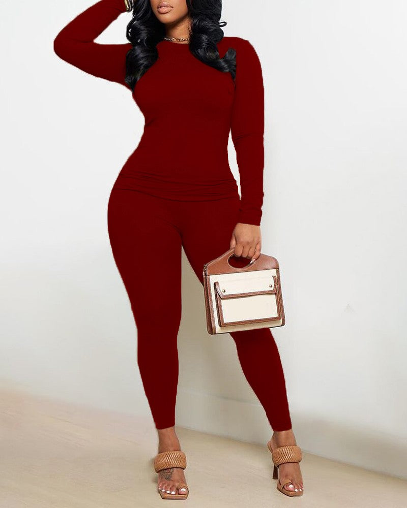 Plain Long Sleeve Top & Pants Set