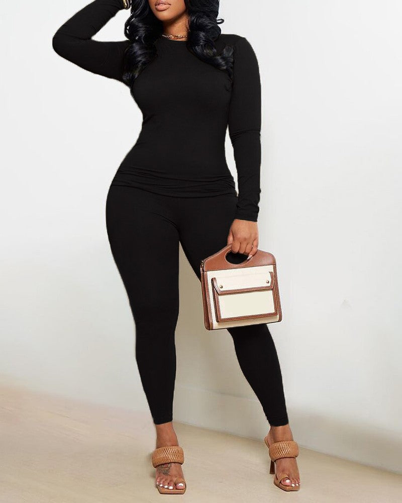 Plain Long Sleeve Top & Pants Set
