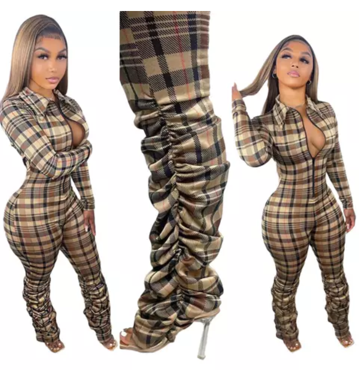 Plaid Print Slim Fit Collar Jumpsuit