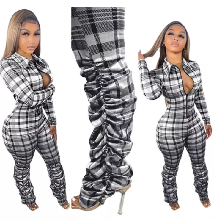 Plaid Print Slim Fit Collar Jumpsuit