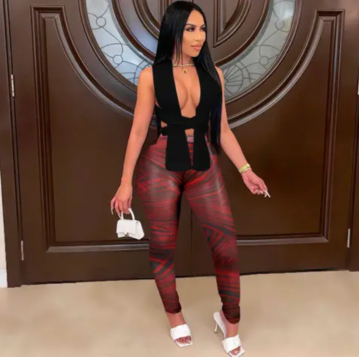 JSentel Sleeveless V-Neck Crop & Drawstring Mesh Pants Set