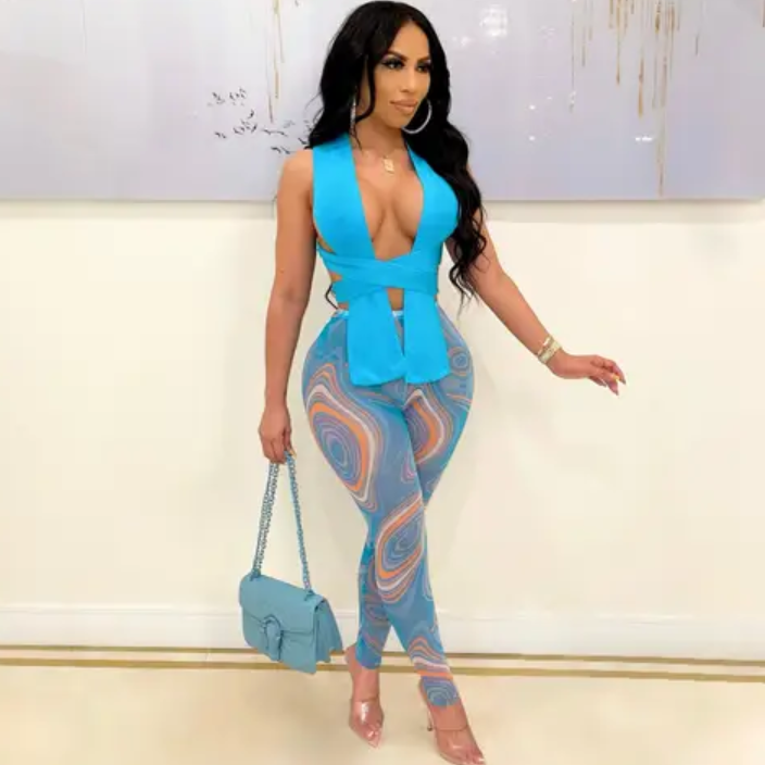 JSentel Sleeveless V-Neck Crop & Drawstring Mesh Pants Set