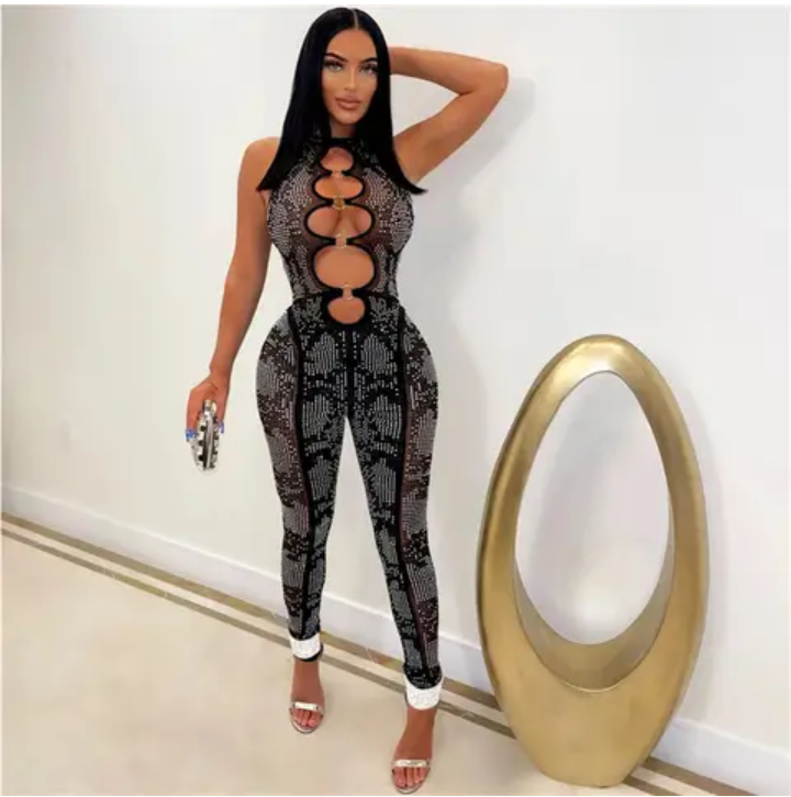 Hollowed Out Sleeveless Rhinestone Jumpsuit