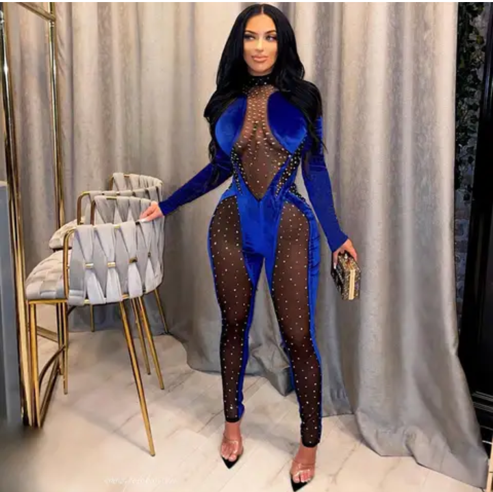 Elegant Velvet/Mesh, Blue Rhinestone Bodycon Jumpsuit