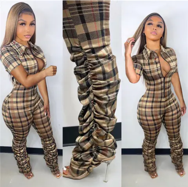 New Short Sleeve Plaid Printed Jumpsuit