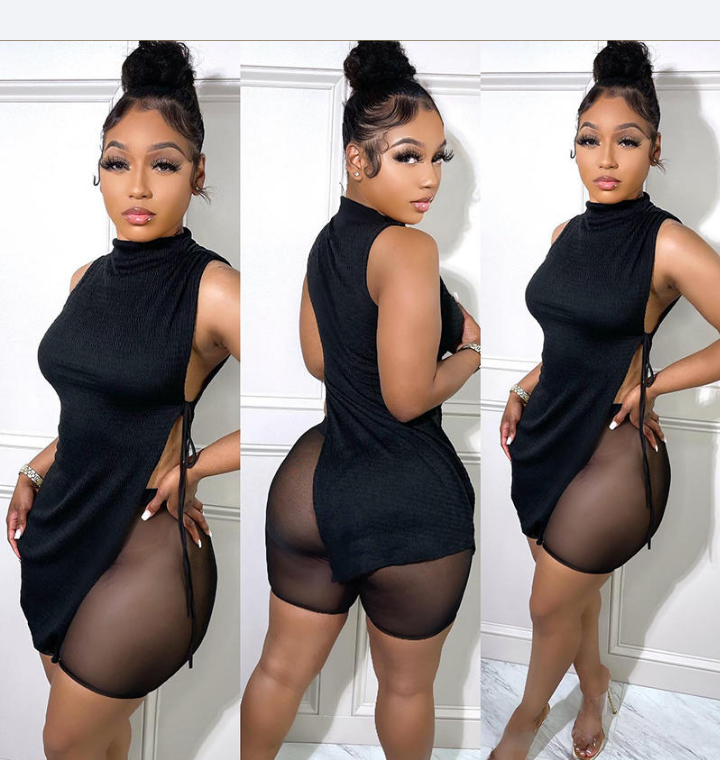 Asymmetrical Tied Detail Top & Sheer Mesh Shorts Set