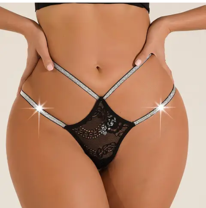Cross Shinning Waistband Rhinestone Laced Thong