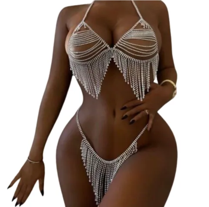 Rhinestone/Crystal Tassel Body Chain Underwaer set
