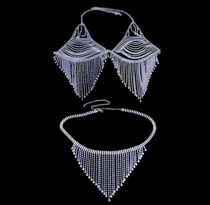 Rhinestone/Crystal Tassel Body Chain Underwaer set