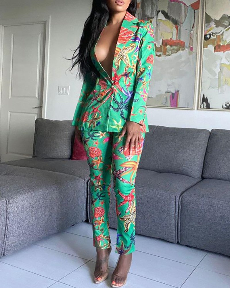 Starfish Print Long Sleeve Blazer Coat & Pants Sets