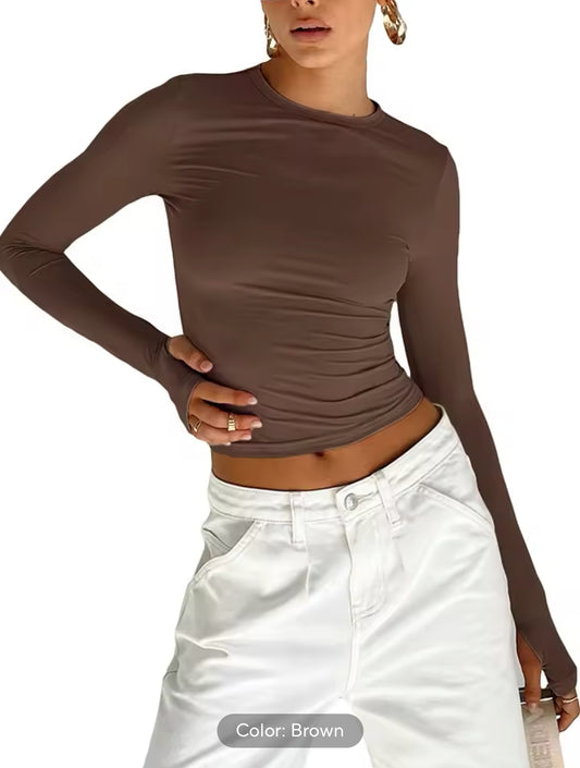 Solid Slim Fit Crop Top with Thumb Hole