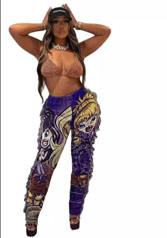 Cartoon Print Pants Casual Fringe Pants
