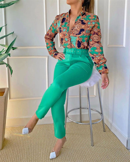 Baroque Print Long Sleeve Top & Pants Set With Belt