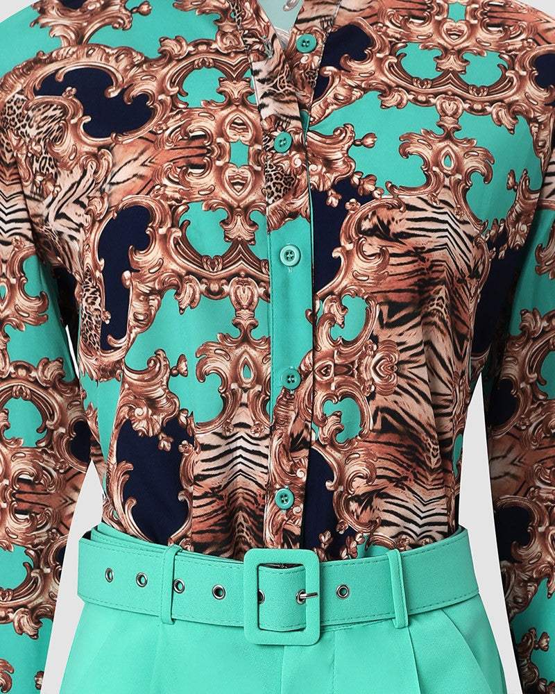 Baroque Print Long Sleeve Top & Pants Set With Belt