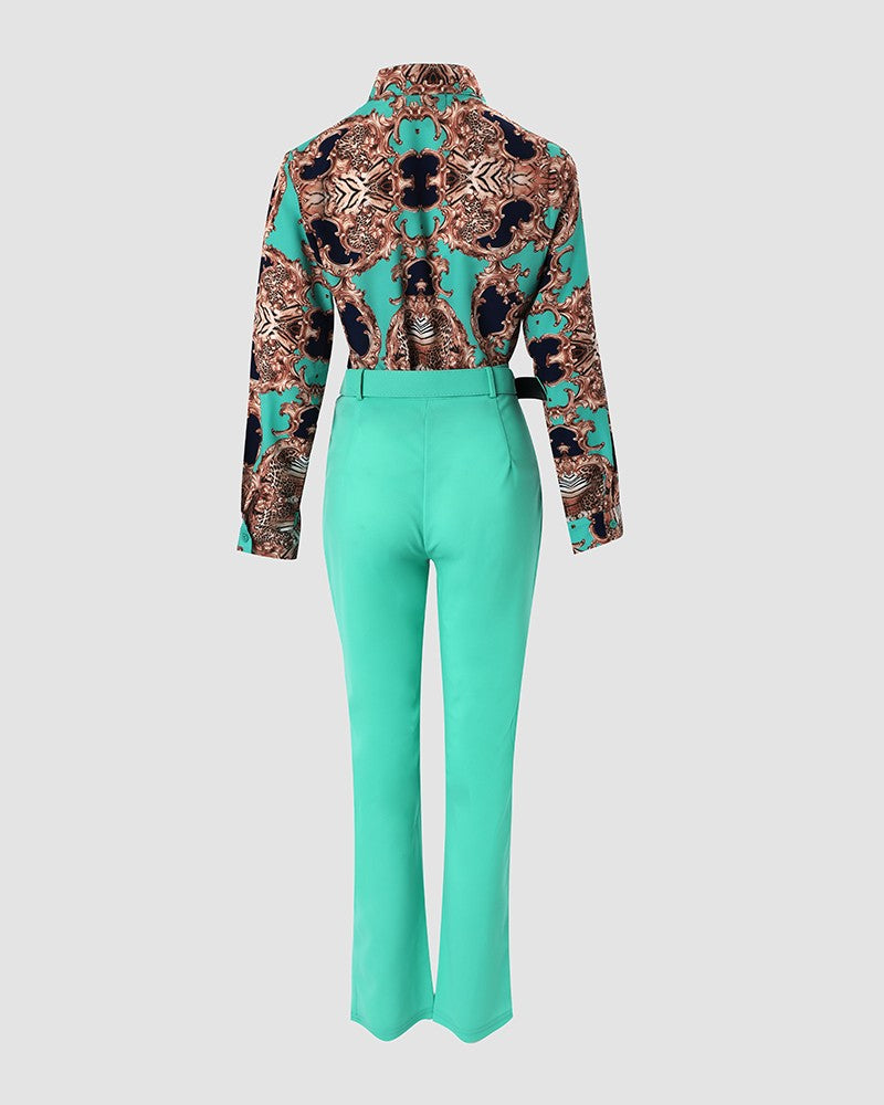 Baroque Print Long Sleeve Top & Pants Set With Belt