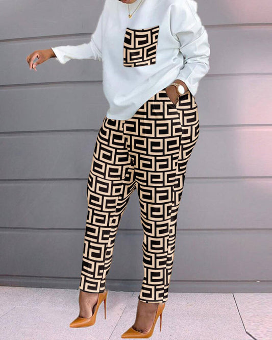 Geo Print Long Sleeve Top & Pants Set