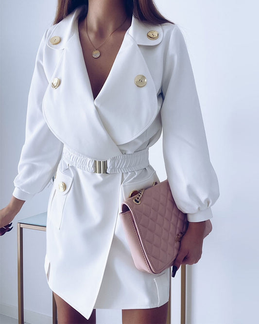 Long Sleeve Button Décor Belted Work Dress