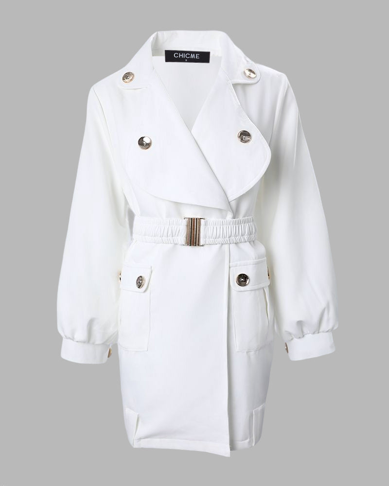 Long Sleeve Button Décor Belted Work Dress