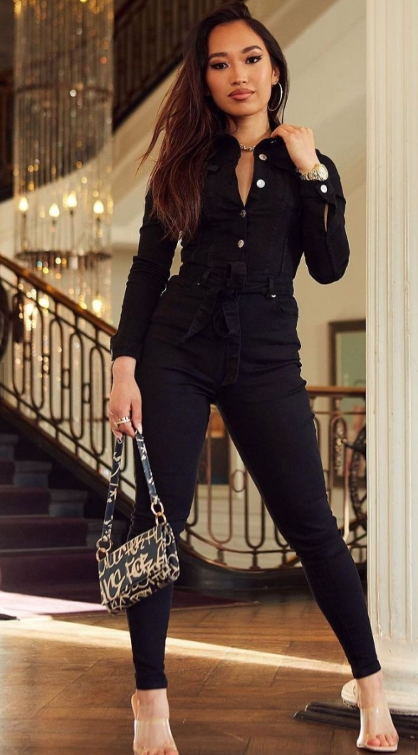 Black Button Up Detail Tie Waist Long Sleeve Jumpsuit