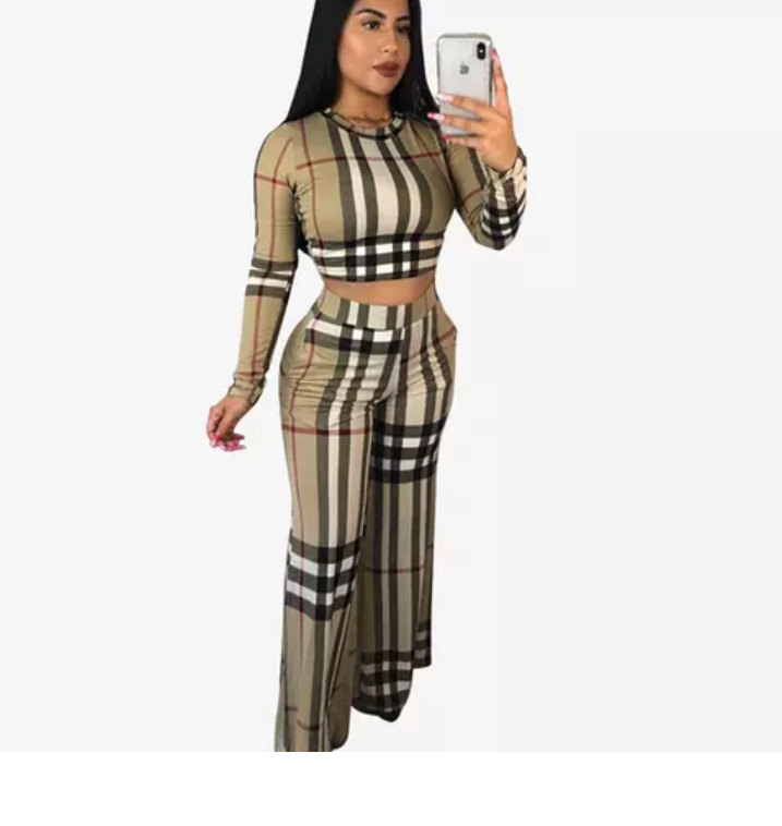 Two Piece Plaid Crop Top Wide Leg Set
