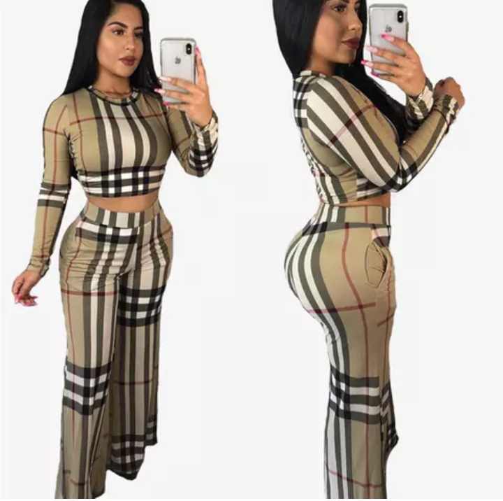 Two Piece Plaid Crop Top Wide Leg Set