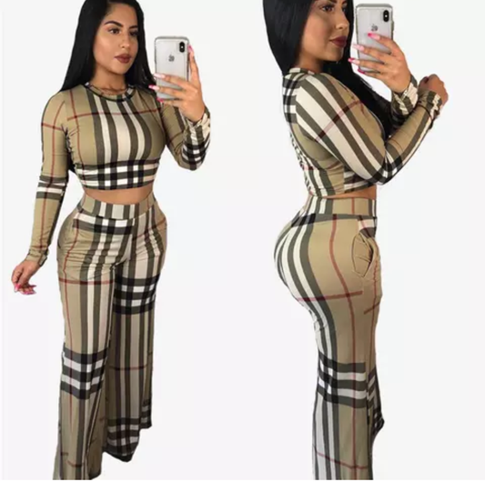 Two Piece Plaid Crop Top Wide Leg Set