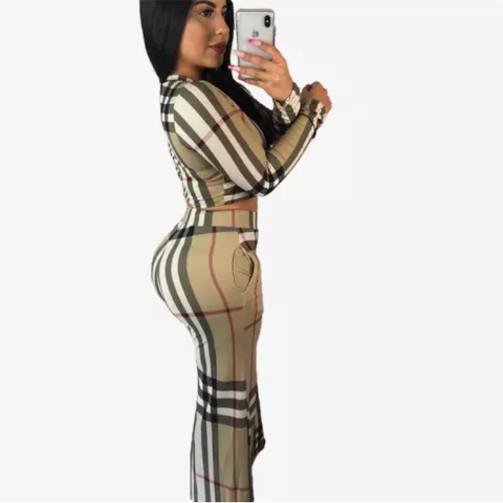 Two Piece Plaid Crop Top Wide Leg Set