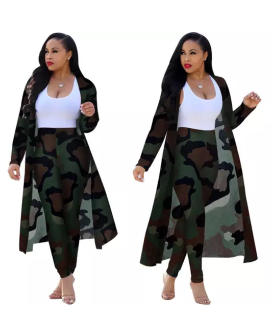 Long Sleeve High Waist Camoflouge Cardigan Pant Set