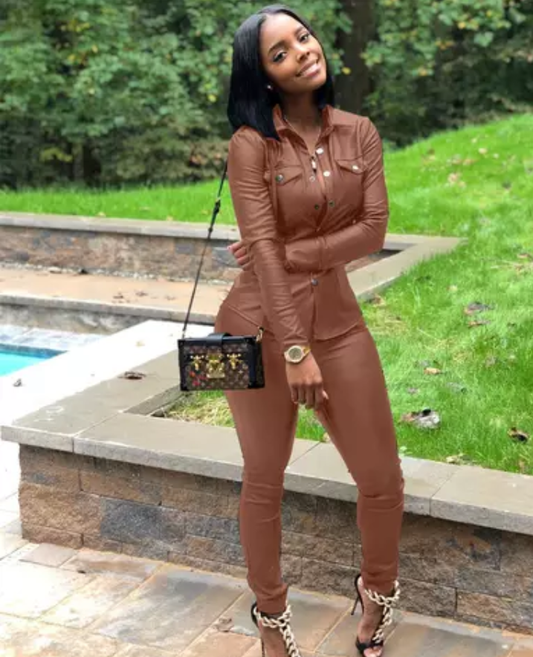 Leather Pant Set Long Sleeve Zippers Pu Coat