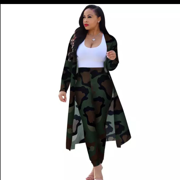 Long Sleeve High Waist Camoflouge Cardigan Pant Set