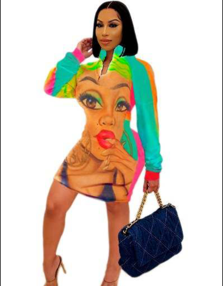 Sentel Spring Zipper Up Plus Size Graffiti Bodycon Dress