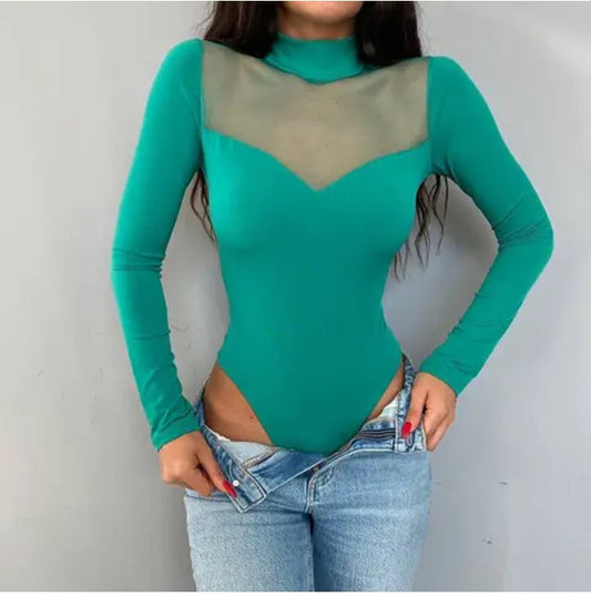 Mesh Velour Splicing Longsleeve  Bodysuit