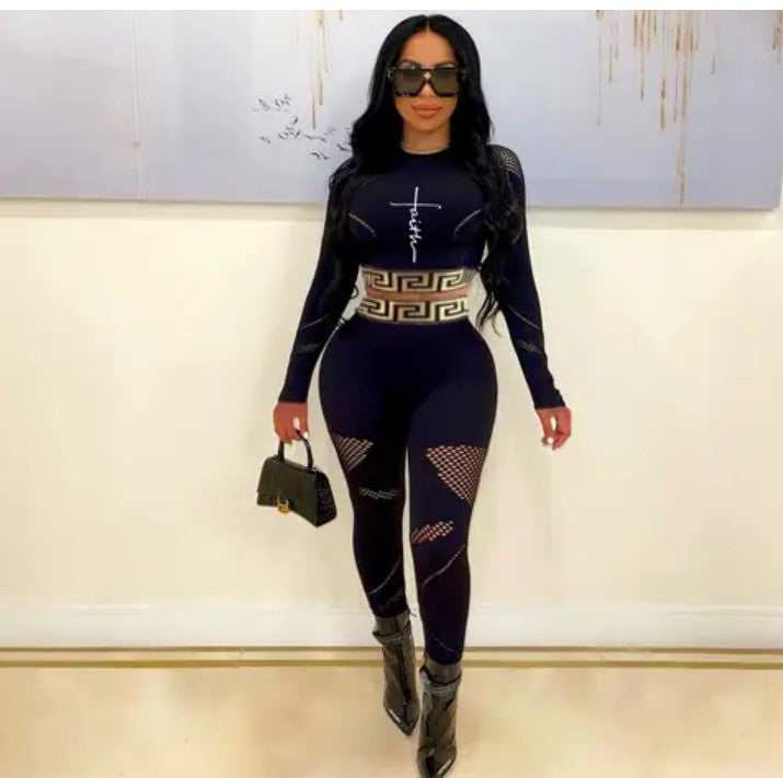 Enyen Fasion Long Sleeve Crop Top 2 Piece Pant Set