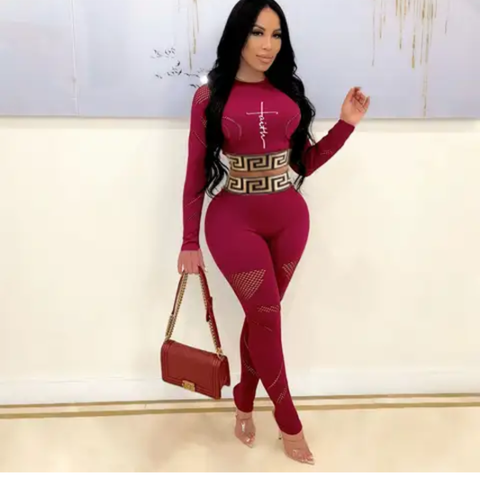 Enyen Fasion Long Sleeve Crop Top 2 Piece Pant Set