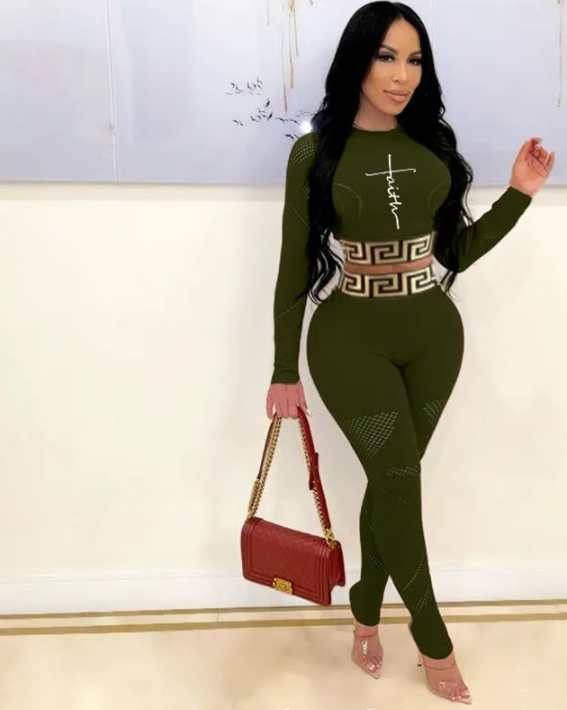 Enyen Fasion Long Sleeve Crop Top 2 Piece Pant Set