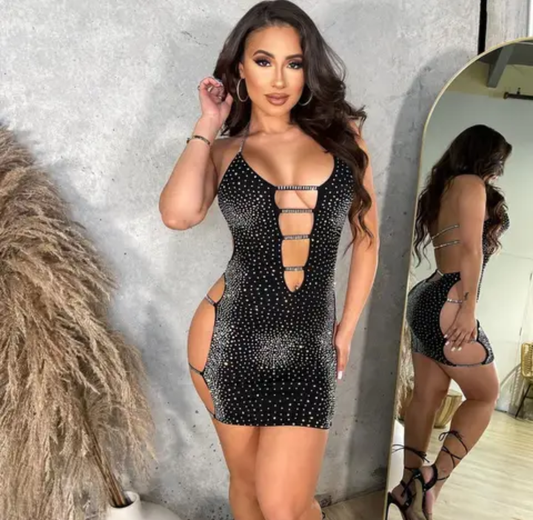 Hollowed Out Rhinestone Diamond Party Dress