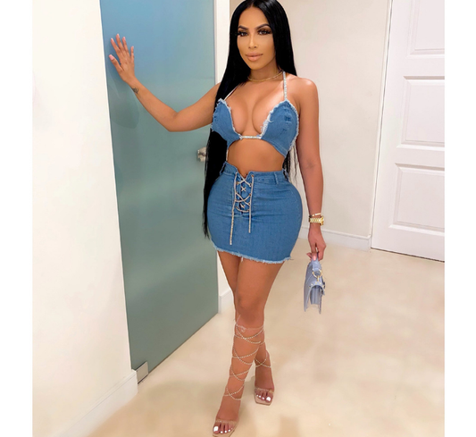 2Piece Denim Laced up Crop-Top Skirt Set
