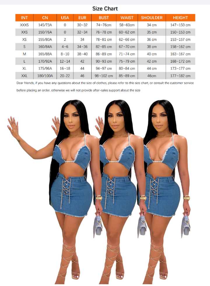 2Piece Denim Laced up Crop-Top Skirt Set