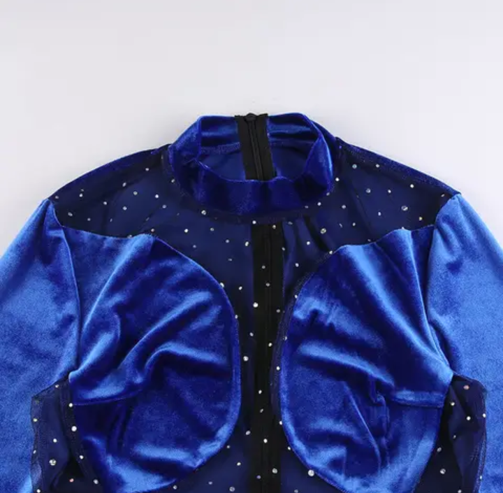 Elegant Velvet/Mesh, Blue Rhinestone Bodycon Jumpsuit