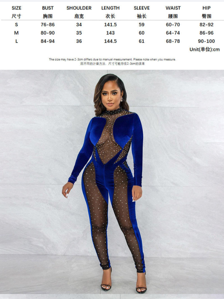Elegant Velvet/Mesh, Blue Rhinestone Bodycon Jumpsuit