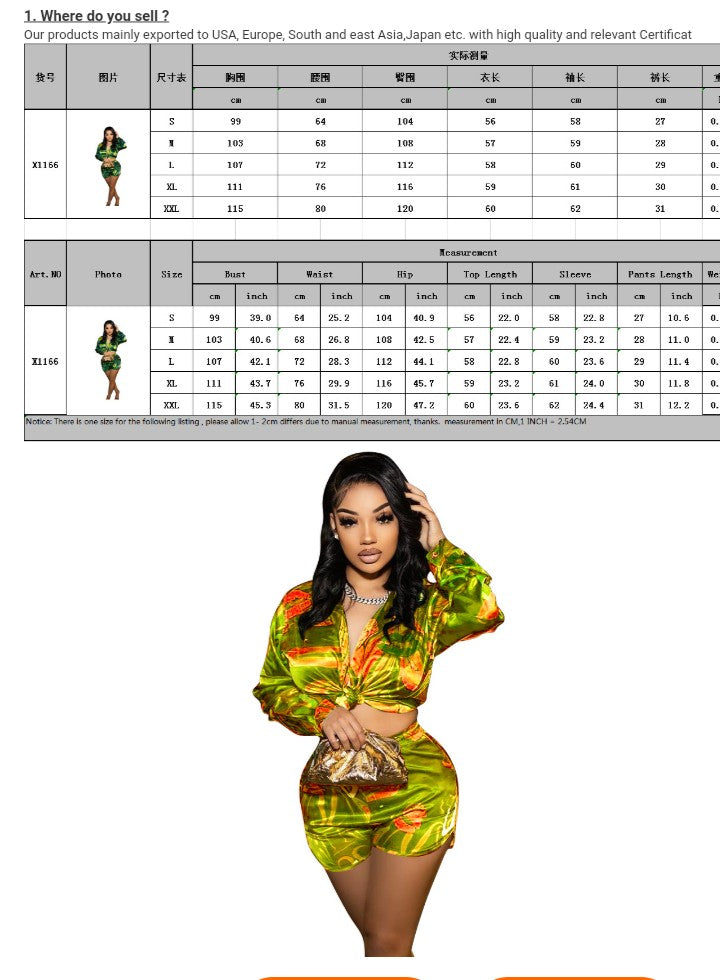 Dynasty's Floral Color Long-Sleeve Waist Top Short Set