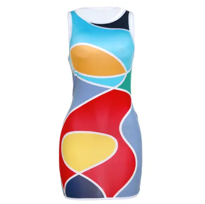 Mutli Color Printed O-Neck Sleeveless Bodycon Dress