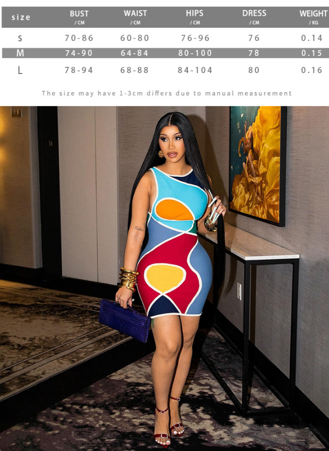 Mutli Color Printed O-Neck Sleeveless Bodycon Dress