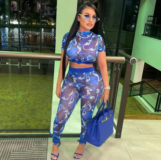 2Piece Print Mesh Leggings Pant Set