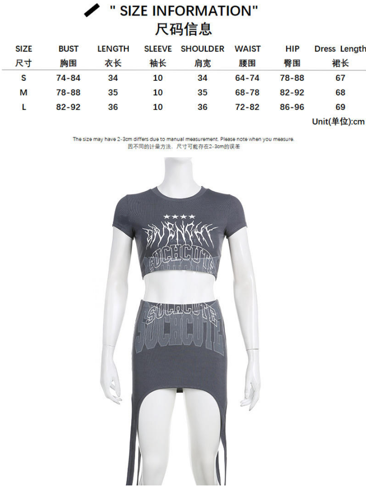 Grunge Letter Print 2Piece Crop-Top, Irregular Hem Mini Skirt Set