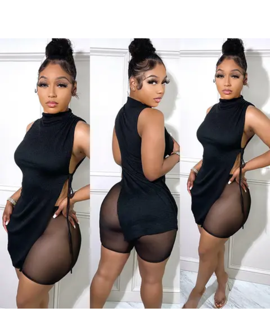 Asymmetrical Tied Detail Top & Sheer Mesh Shorts Set