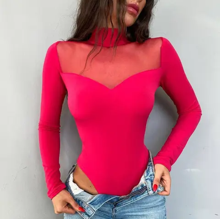 Mesh Velour Splicing Longsleeve  Bodysuit